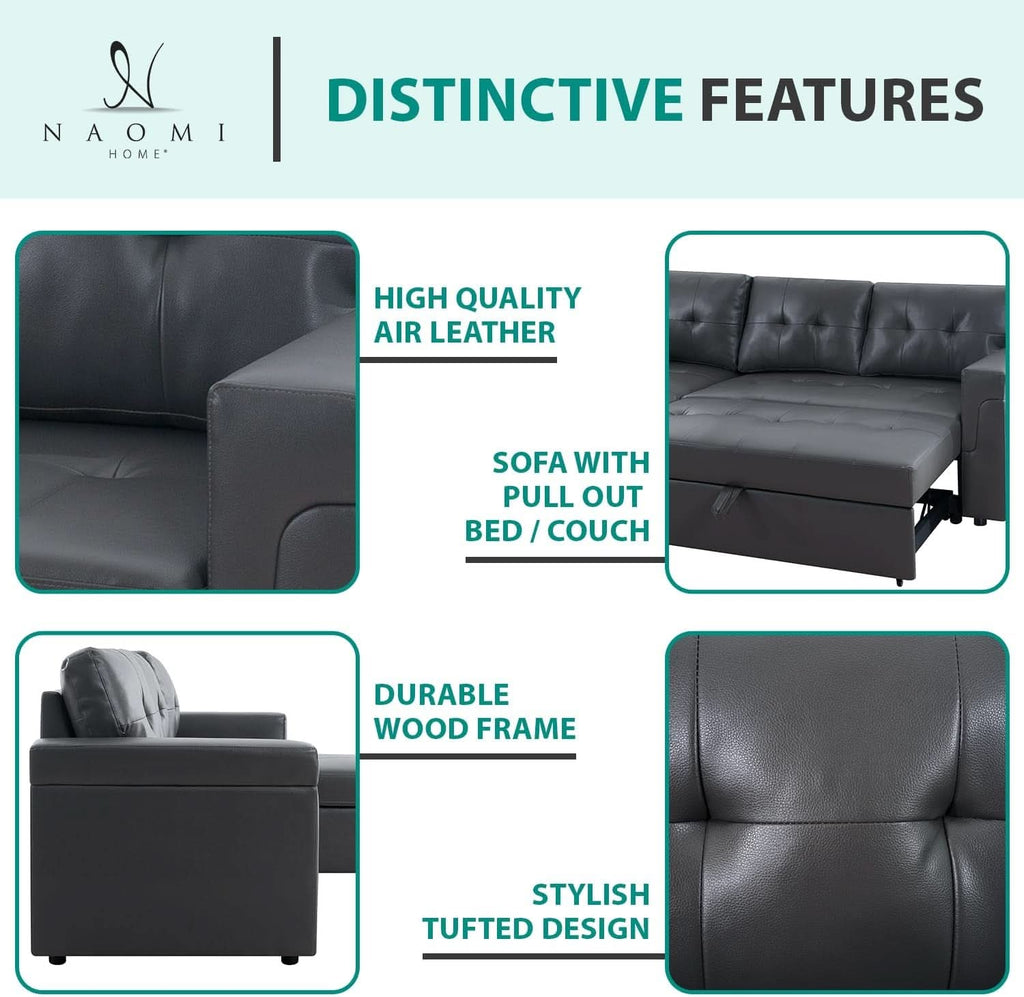 L Shaped Sectional Sofa Sleeper Storage Chaise Dark Gray