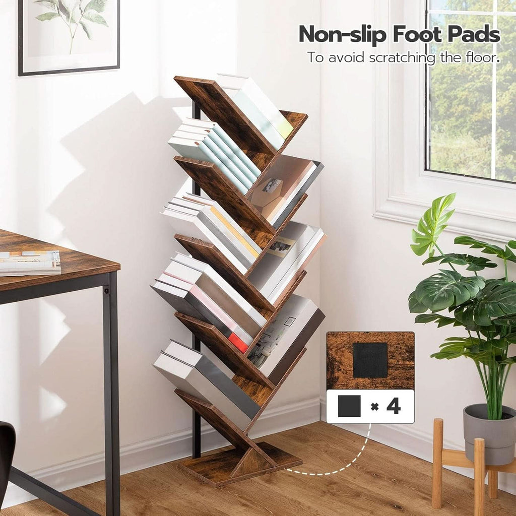 Tree Bookshelf 9 Tier Rustic Brown Living Room Bookcase