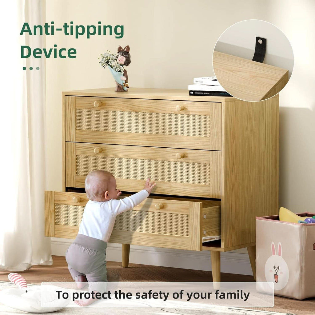 Space-Saving 3-Drawer Rattan Dresser For Bedroom Storage