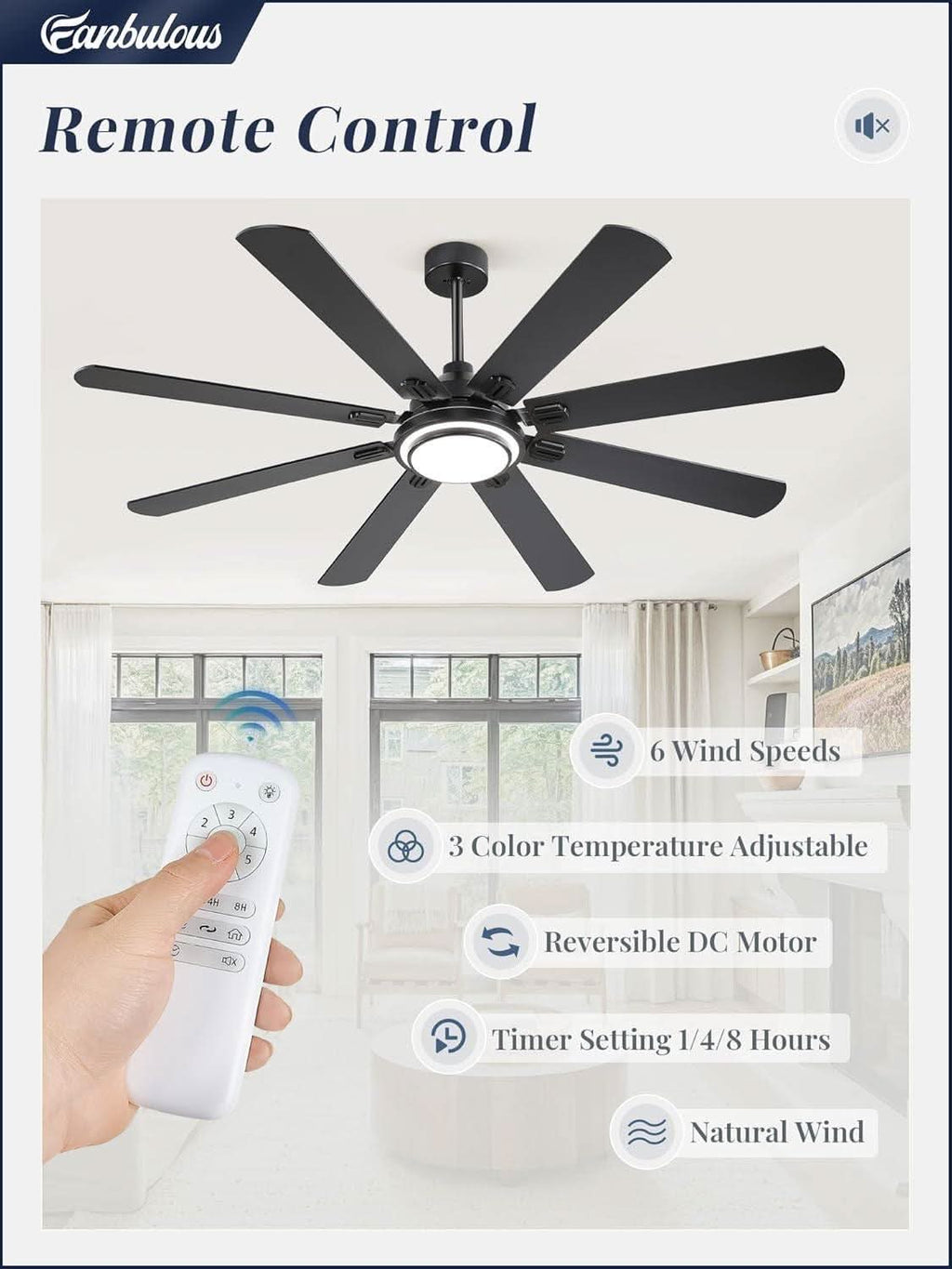 65 Inch Ceiling Fan With Remote And Dimmable LED Lights