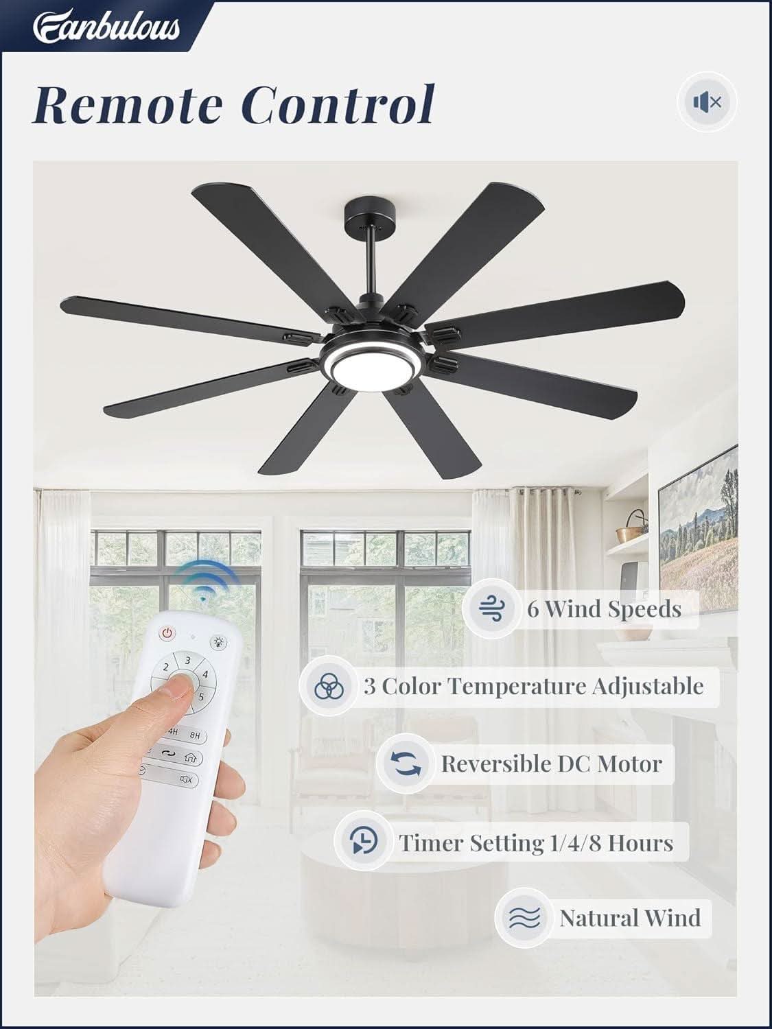 65 Inch Ceiling Fan With Remote And Dimmable LED Lights