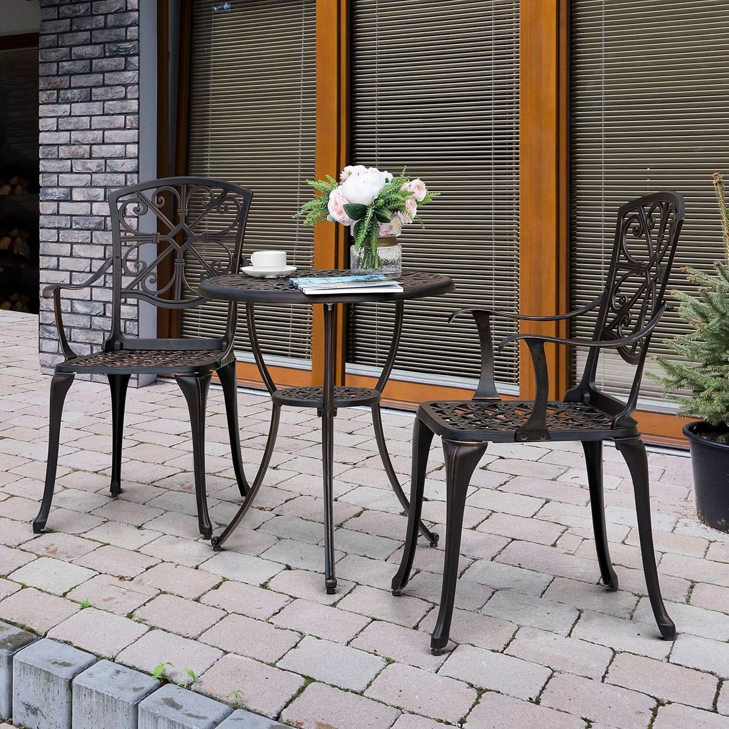 Black Bistro Set Umbrella Hole Cast Aluminum Outdoor Patio