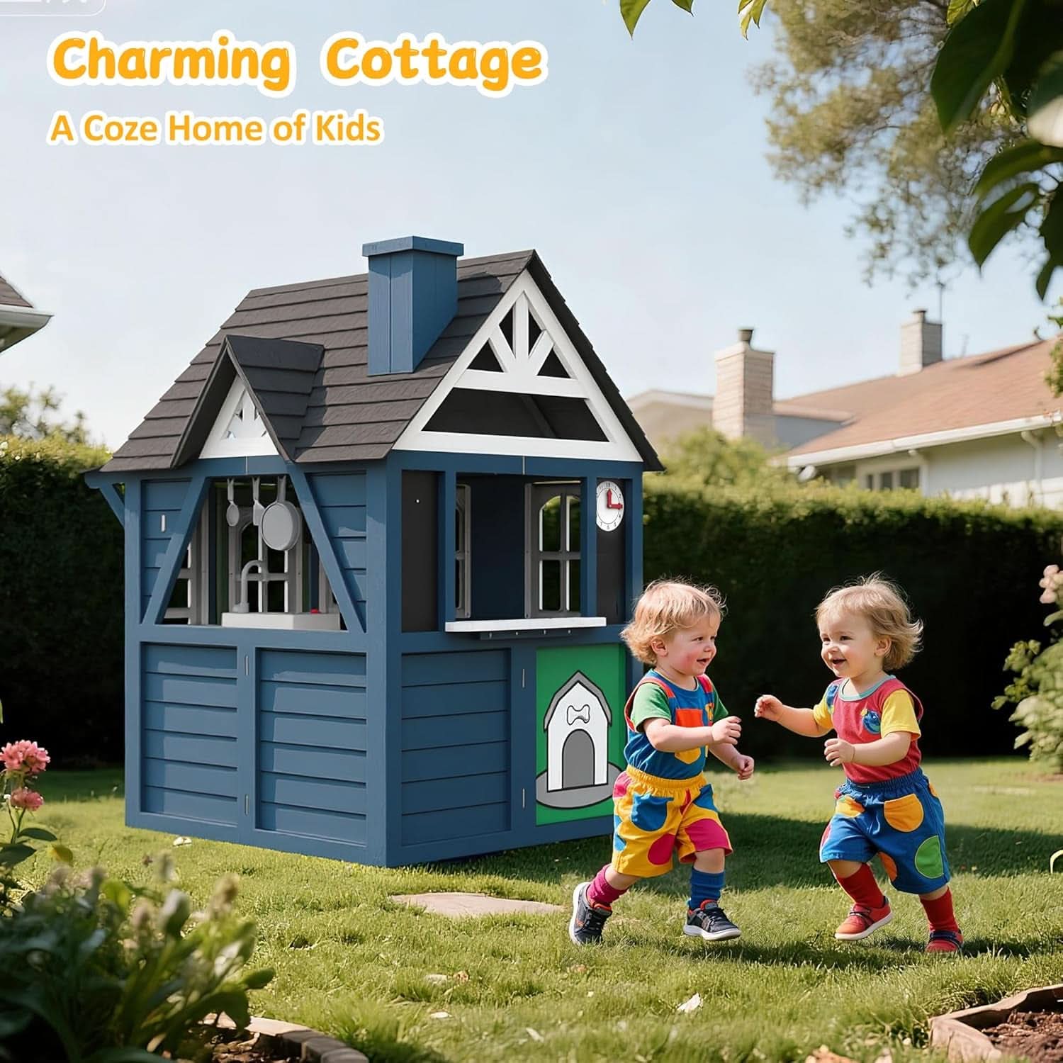 Blue Cedarwood Kids Playhouse Weather Resistant Outdoor
