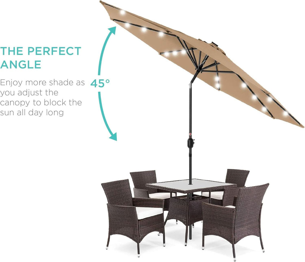 10 Ft Solar LED Patio Umbrella With Tilt Adjustment And UV Resistant Fabric All Weather Use