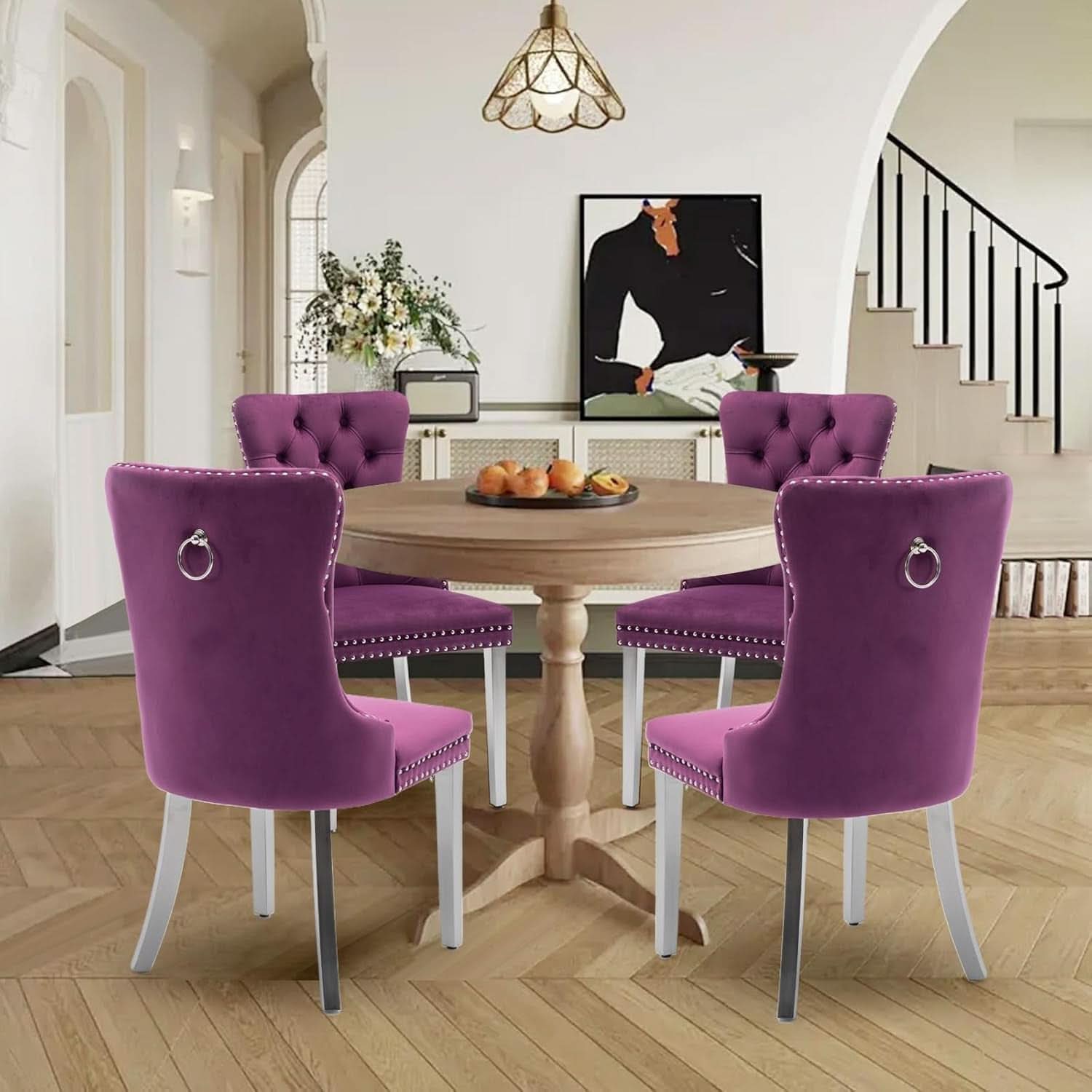 Velvet Dining Chairs Set Of 4 With Nailhead Trim And Silver Plated Legs