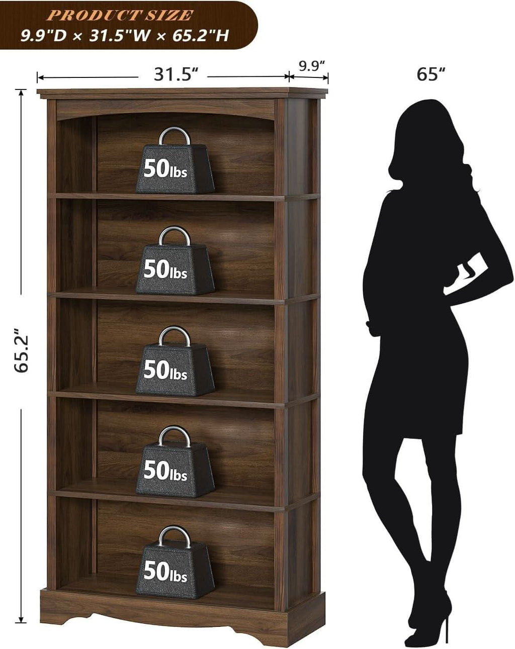65-Inch Tall Brown Wooden Bookshelf With Five Tiers
