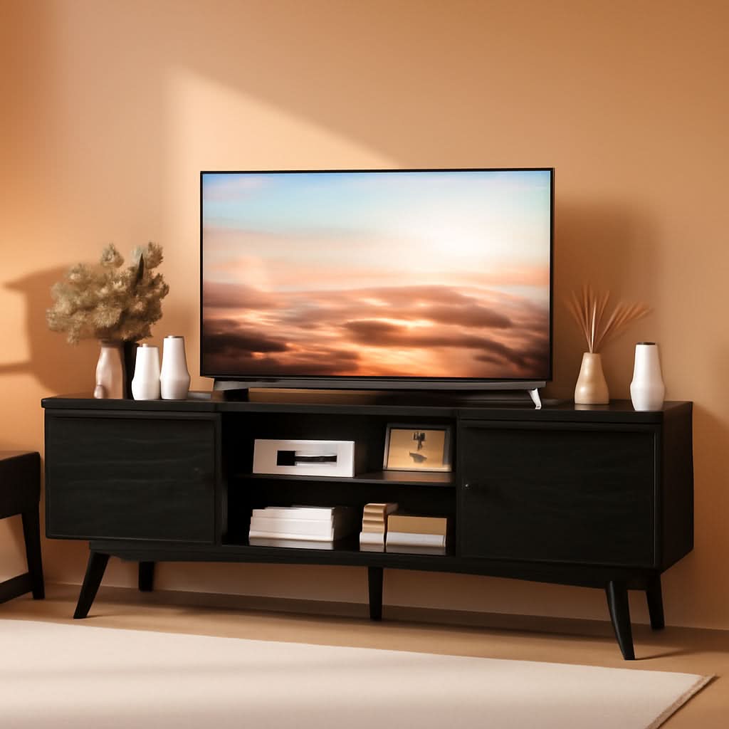 TV Stand For 55-60 Inch TVs Black With Two Cabinets Storage