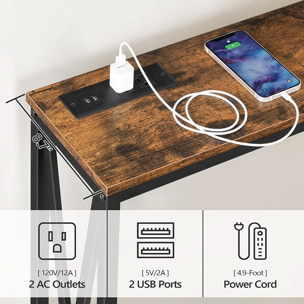 Rustic Brown Sofa Table With Power Outlet And USB Ports