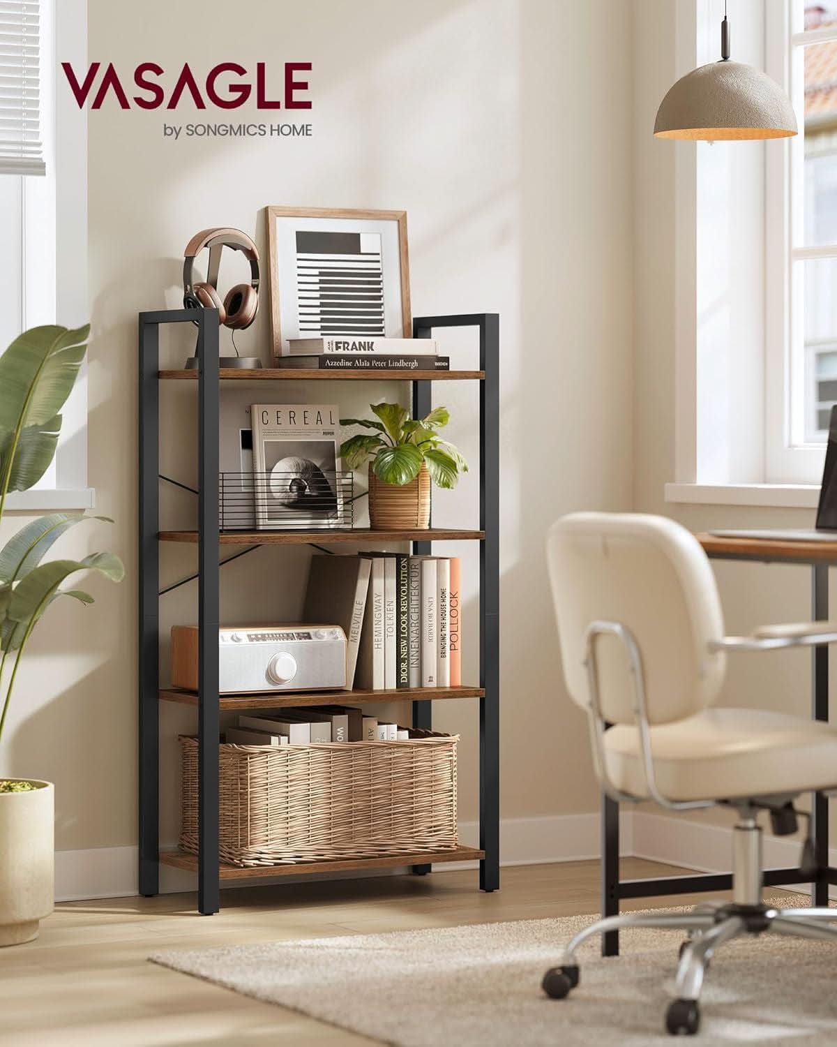Four Tier Bookshelf Rustic Brown Steel Frame 47 Inches High