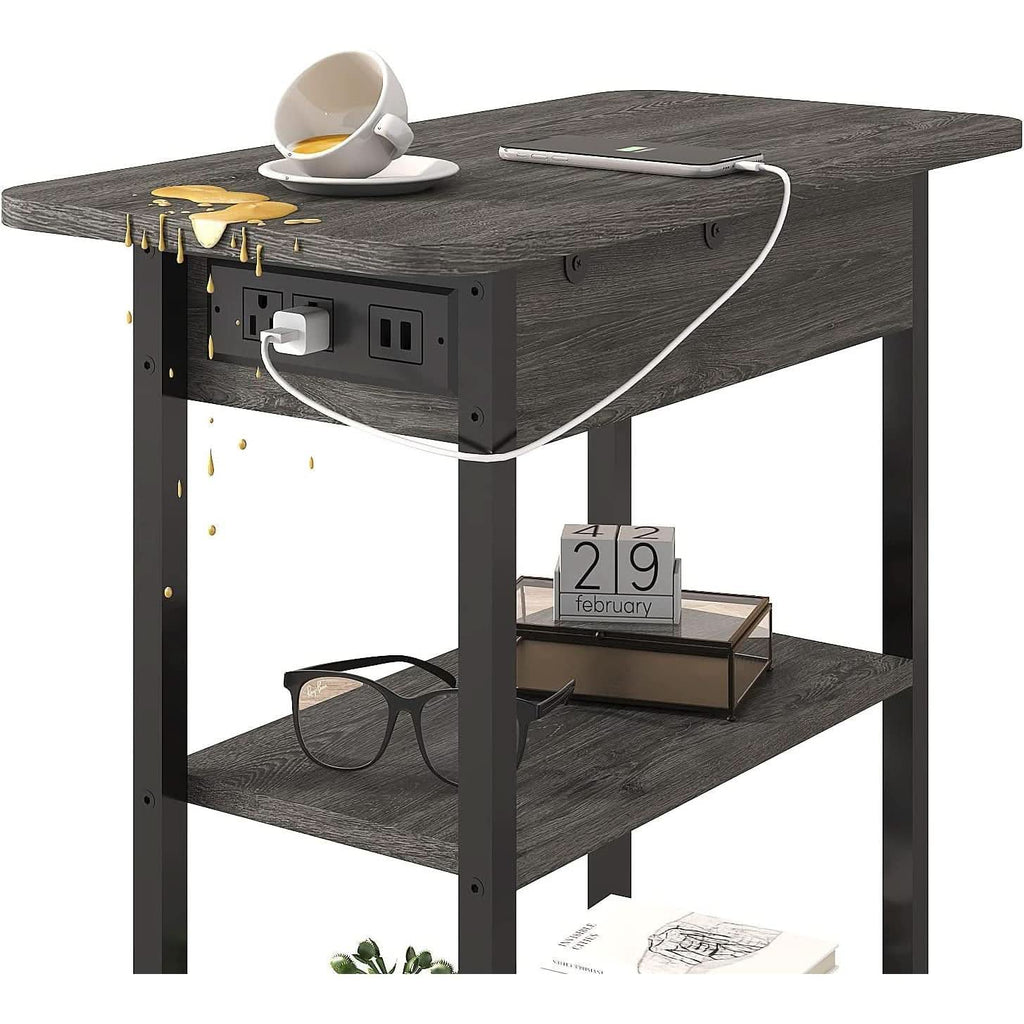 End Table With Charging Station And Flip Top Dark Grey For Small Spaces