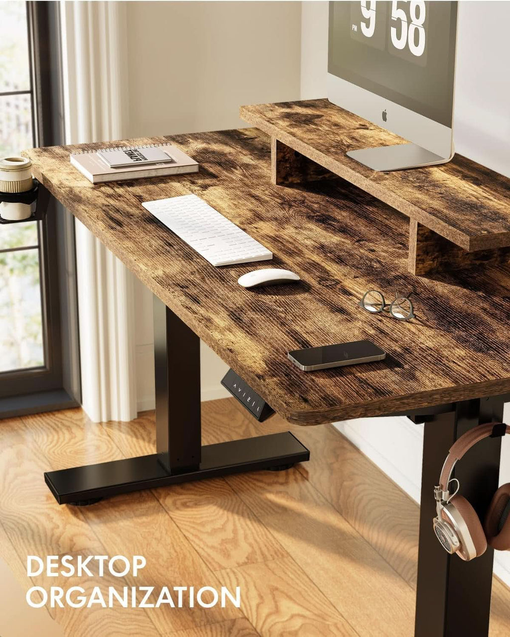 Electric Height Adjustable Standing Desk with Monitor Riser