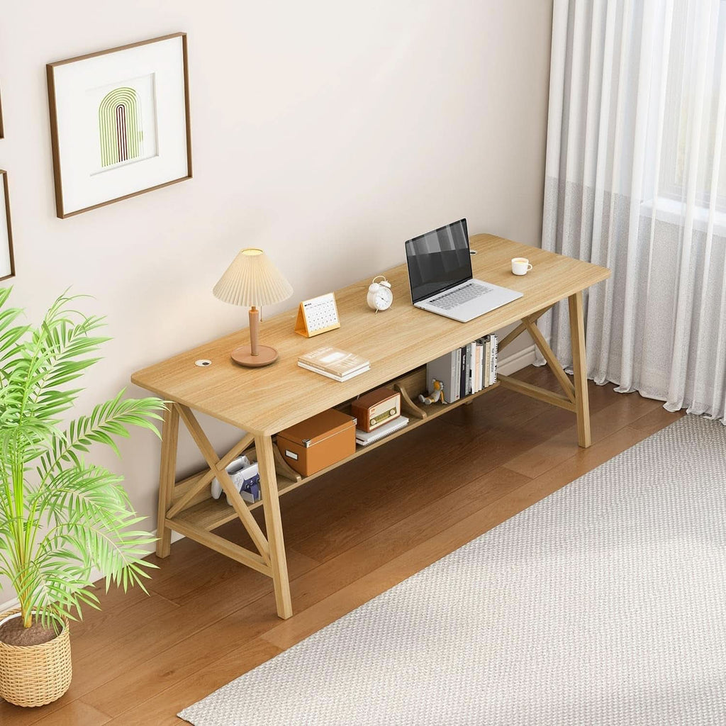 Extra Long Solid Wood Desk with Bookshelf Storage