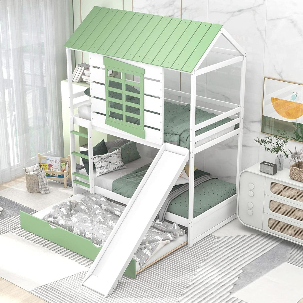 Bunk Bed Twin Over Twin With Slide And Trundle White Green
