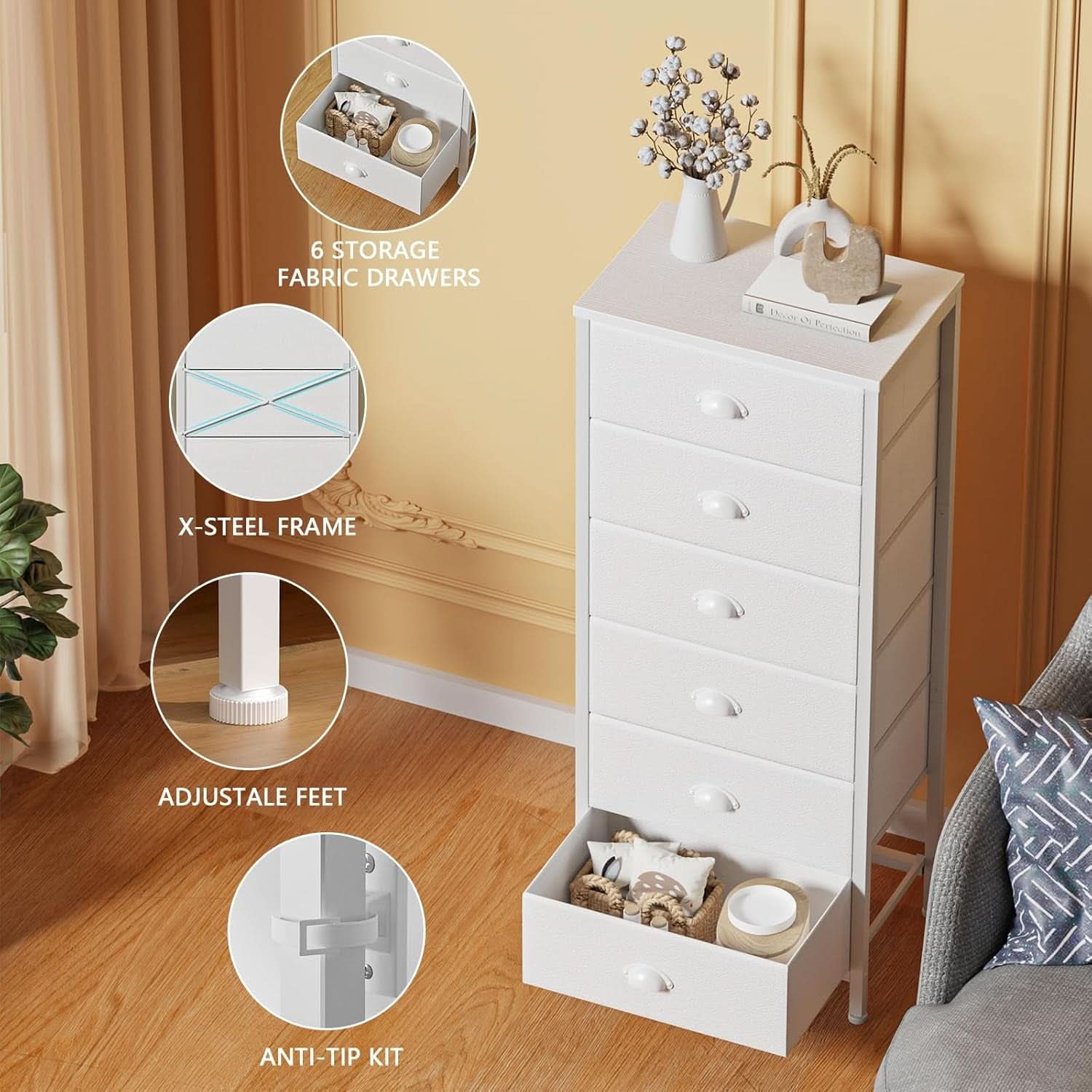 White Tall Dresser With Six Fabric Drawers For Organization