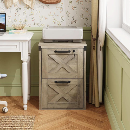 2 Drawer File Cabinet With Lock Gray Oak Farmhouse Home Office Printer Stand Fits Letter A4