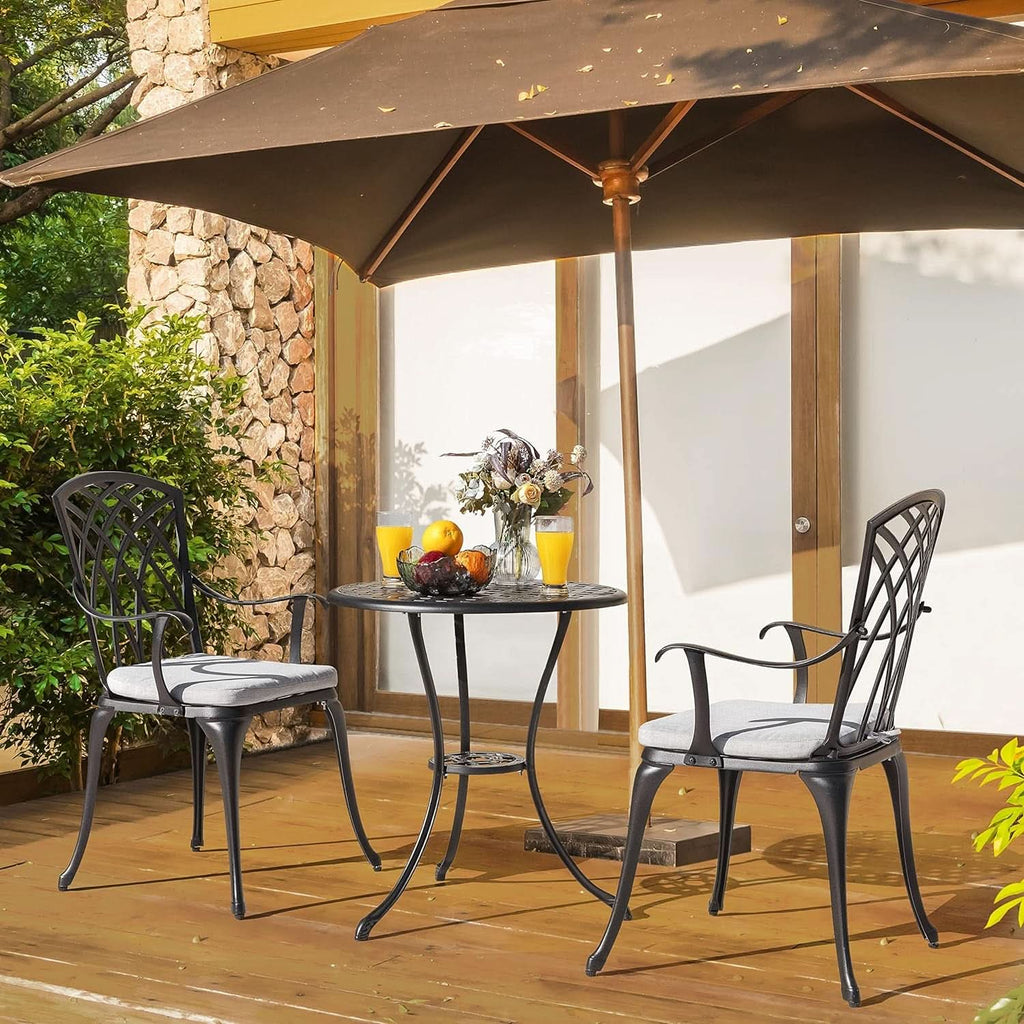 Outdoor Cast Aluminum Bistro Set 3 Piece With Umbrella Hole Gray Cushions