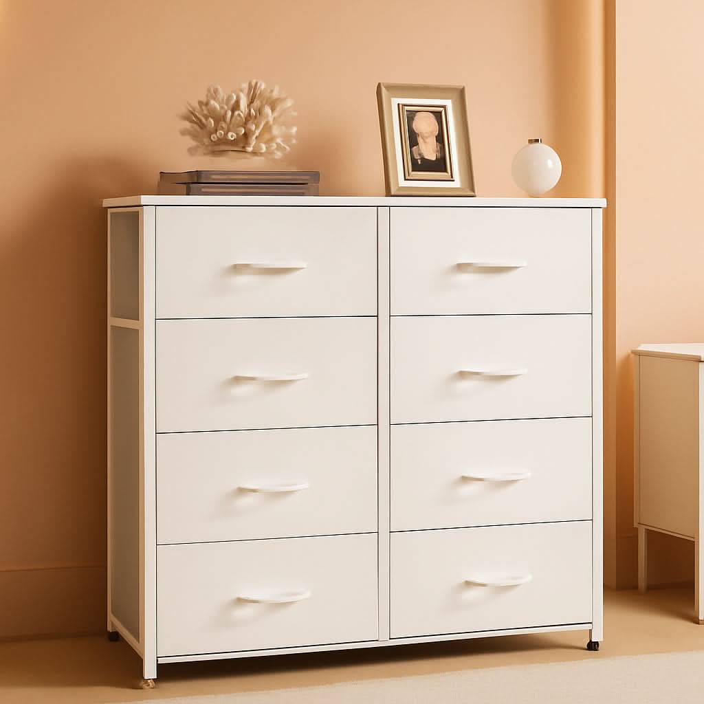 White Fabric Dresser With 6 Drawers And Fabric Bins