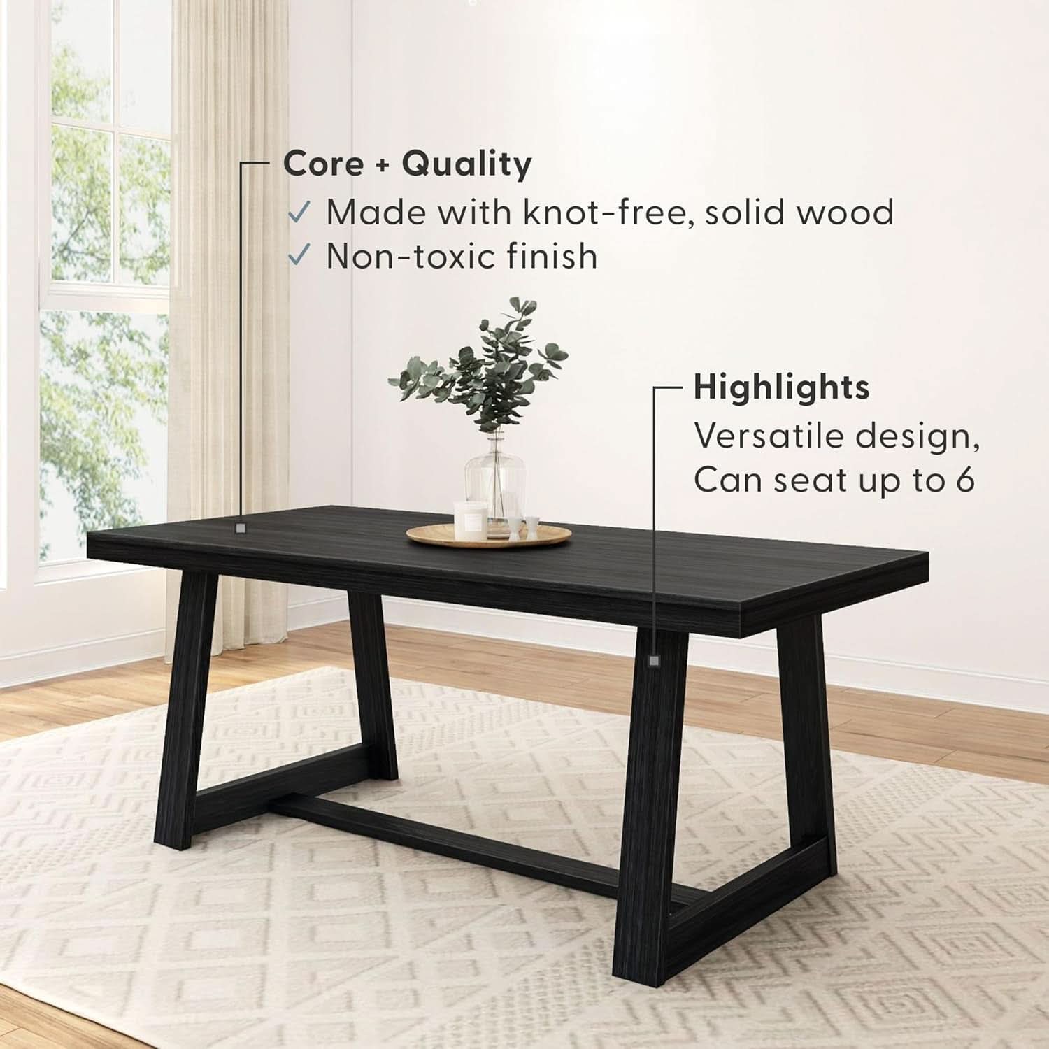 72 Inch Farmhouse Dining Table Solid Wood Black Wirebrush