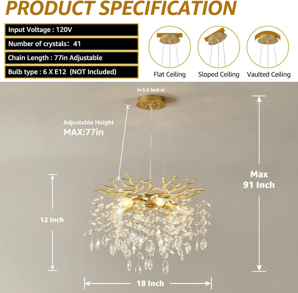 Gold Crystal Tree Branch Chandelier 18 Inch K9 Crystals