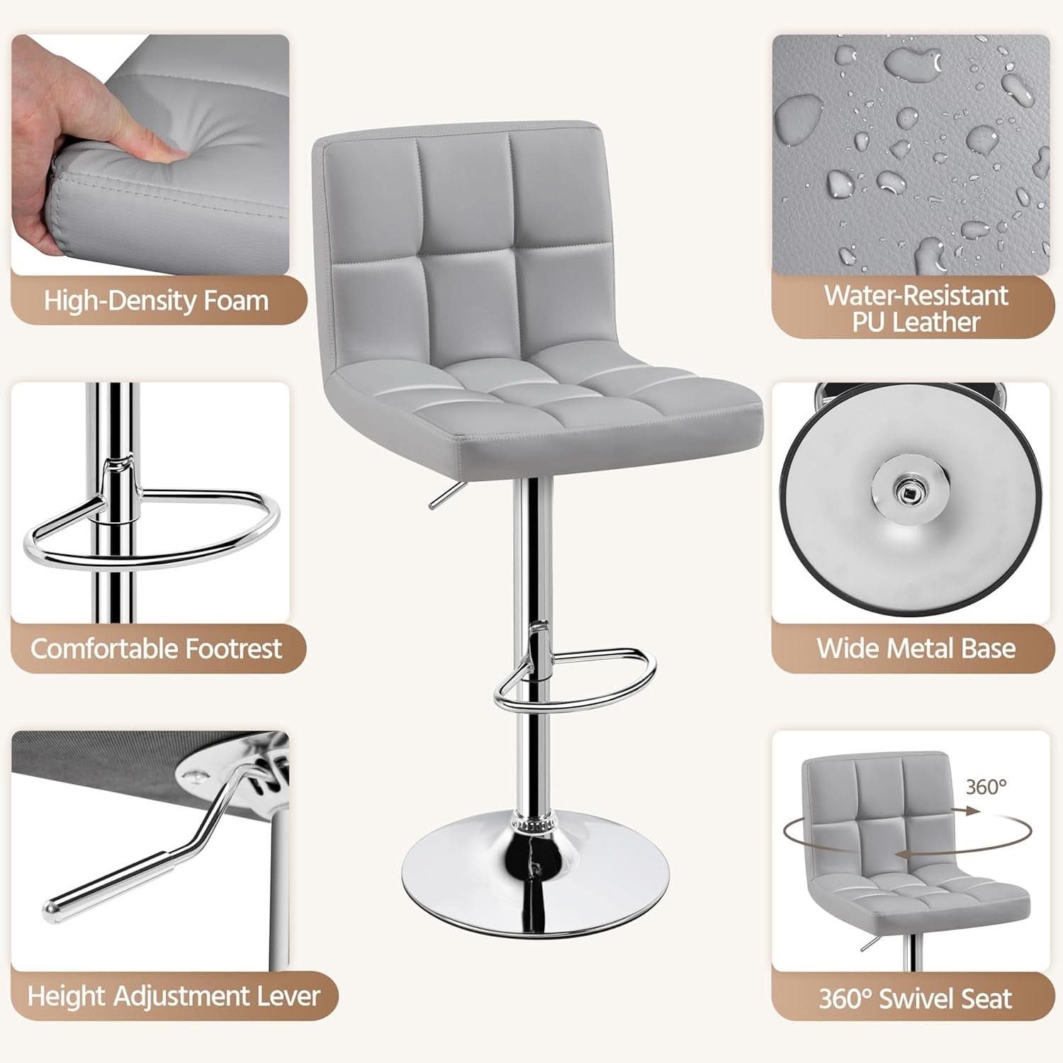 Bar Stools 2 Pack Adjustable Gray PU Leather Counter Height