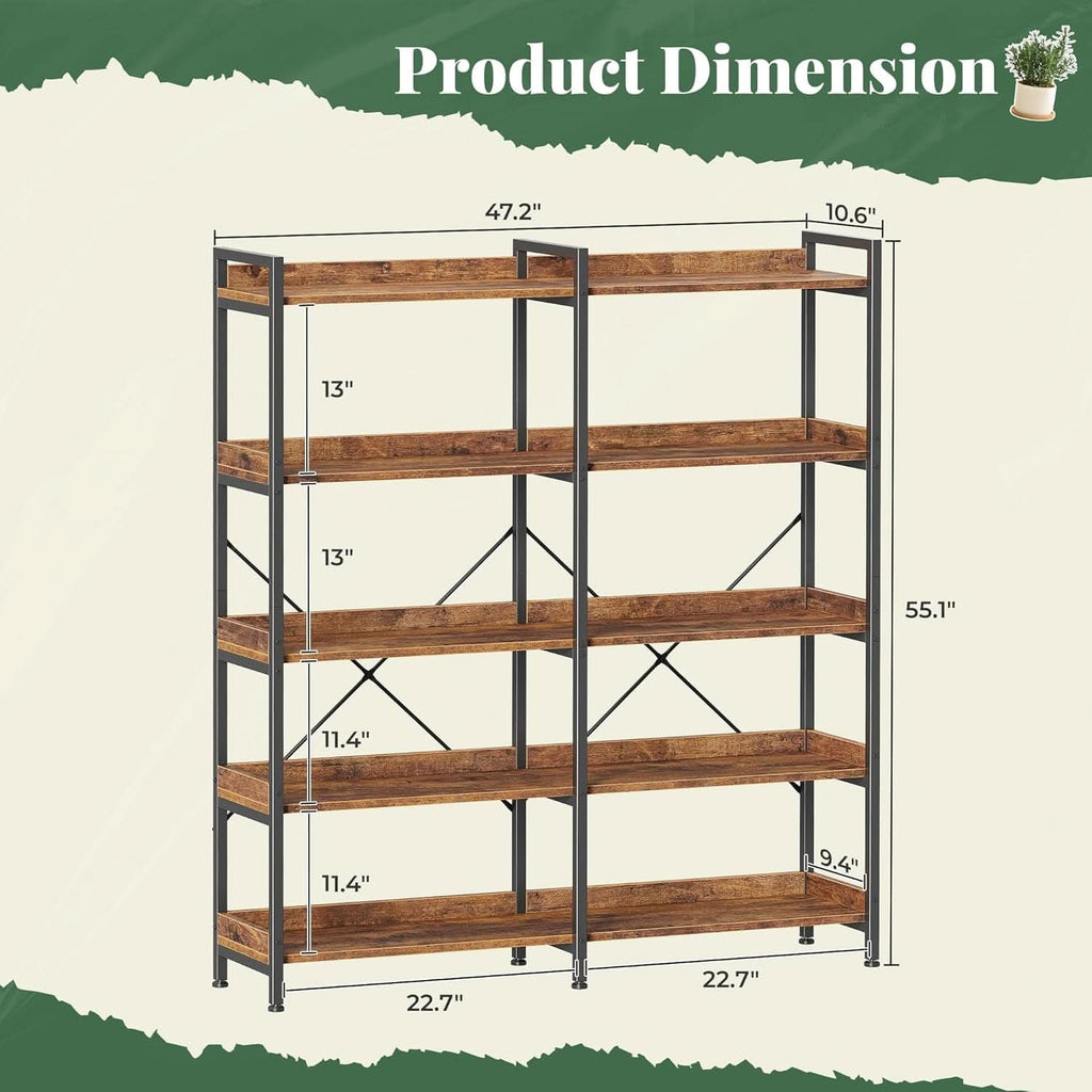 Rustic Brown 5 Tier Bookcase With Raised Edges For Living Room
