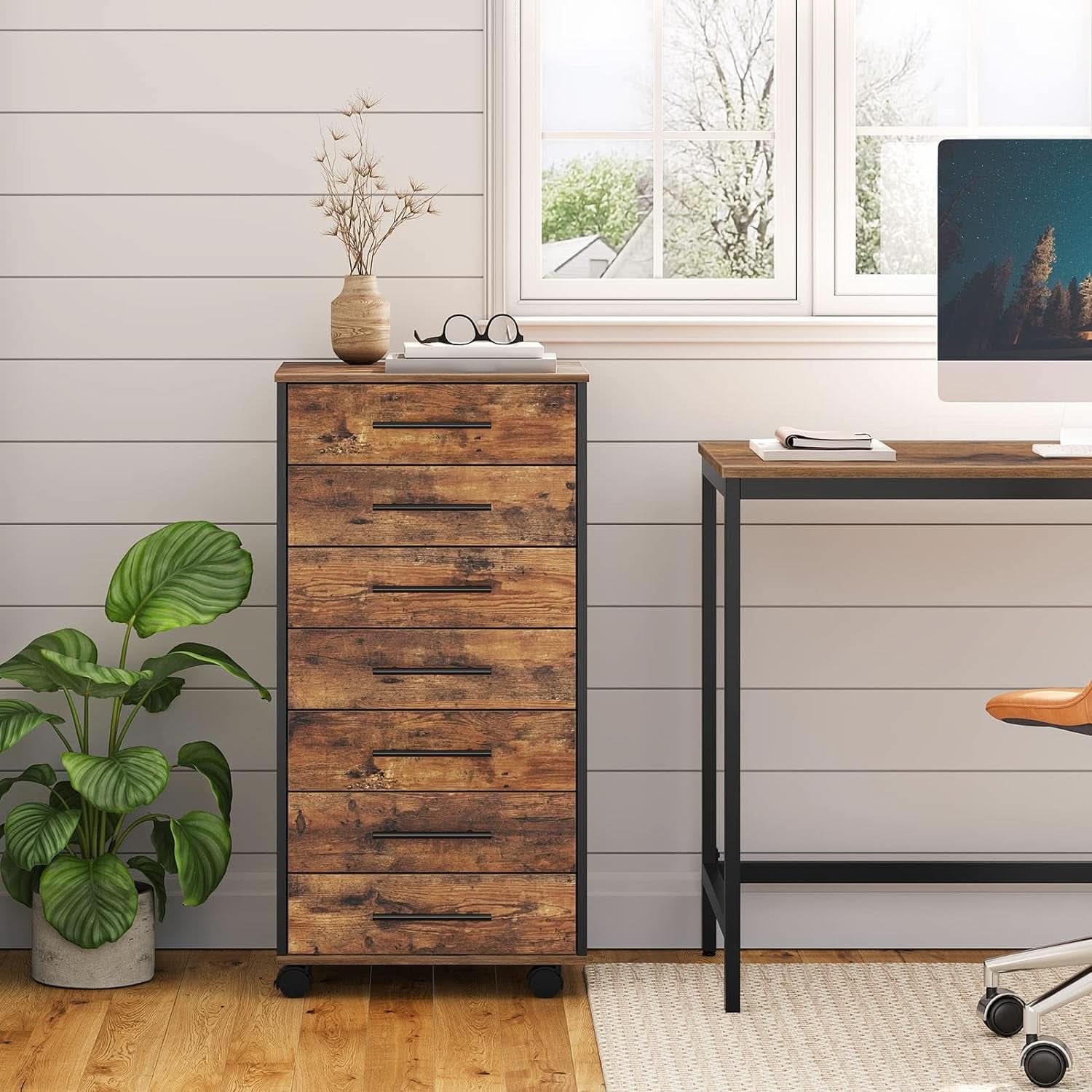 7 Drawer Wooden File Cabinet For Home Office Rustic Brown