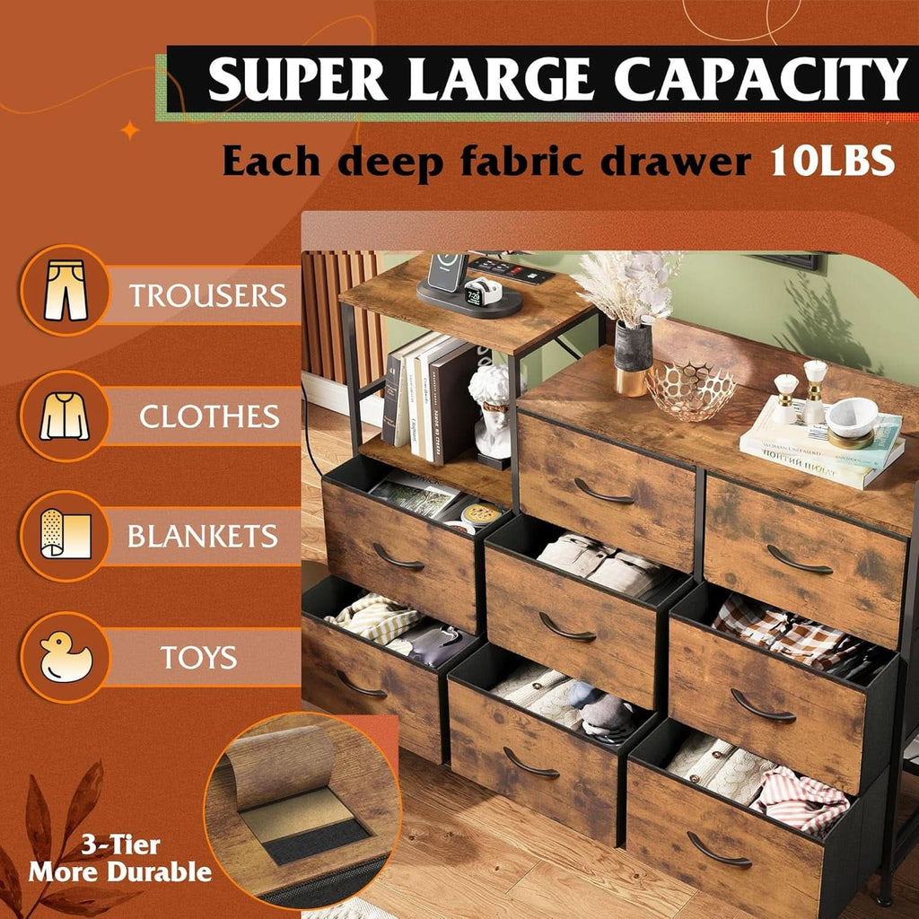 Dresser TV Stand With Charging Station And 8 Fabric Drawers