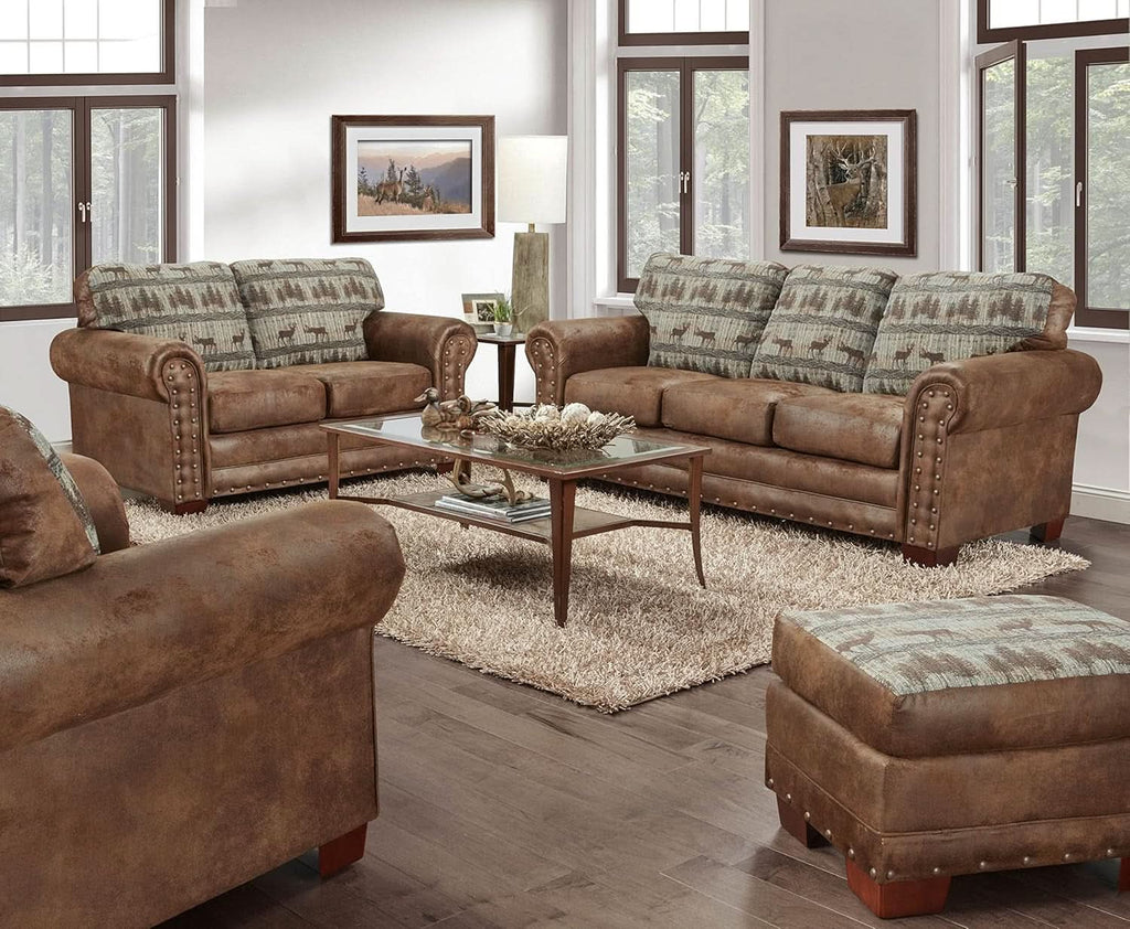 4 Piece Living Room Set Brown Leather Look Microfiber Lodge Style