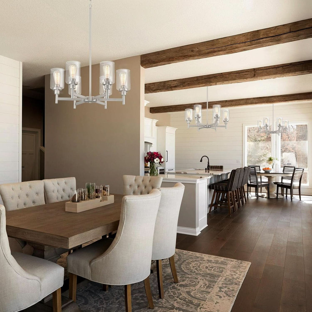 Brushed Nickel Six Light Chandelier With Clear Glass Shades