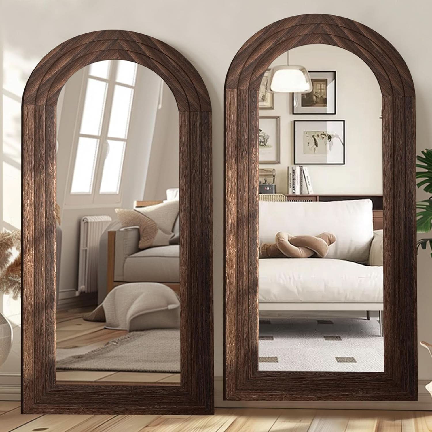 Arched Full Length Mirror 71x32 Inch Brown Solid Wood Frame
