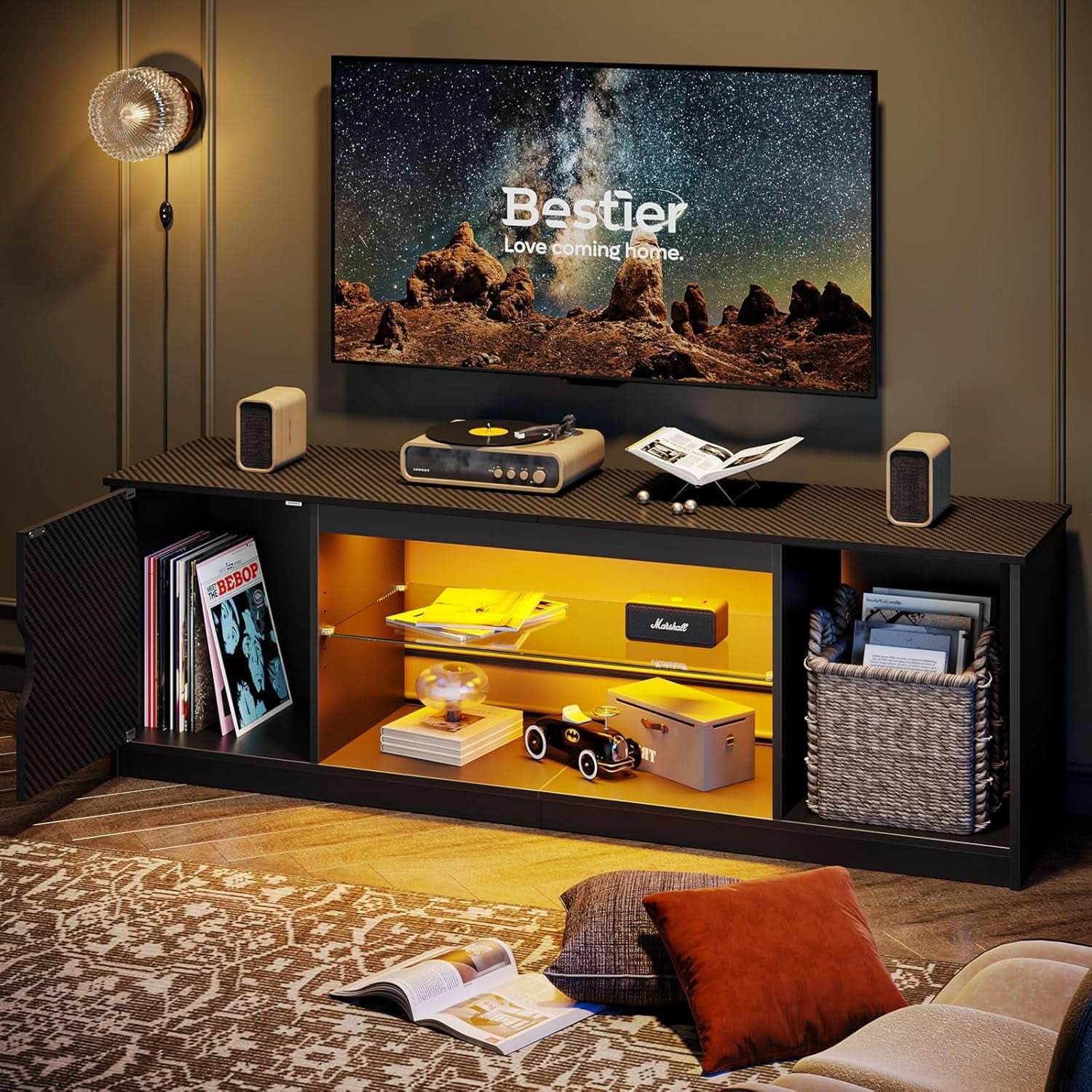 LED TV Stand 55 60 65 Inch With Adjustable Glass Shelves