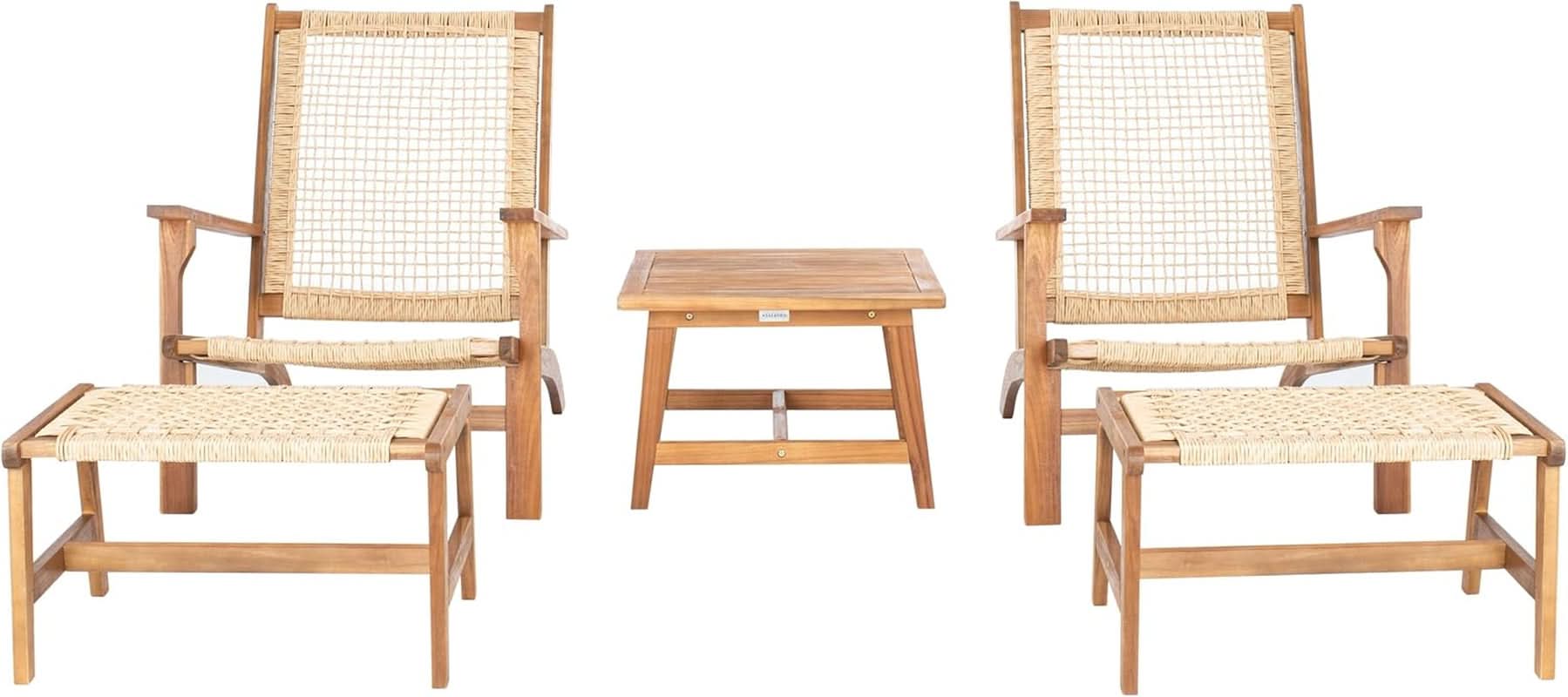 Outdoor Acacia Wood Woven Rattan 5 Piece Patio Set