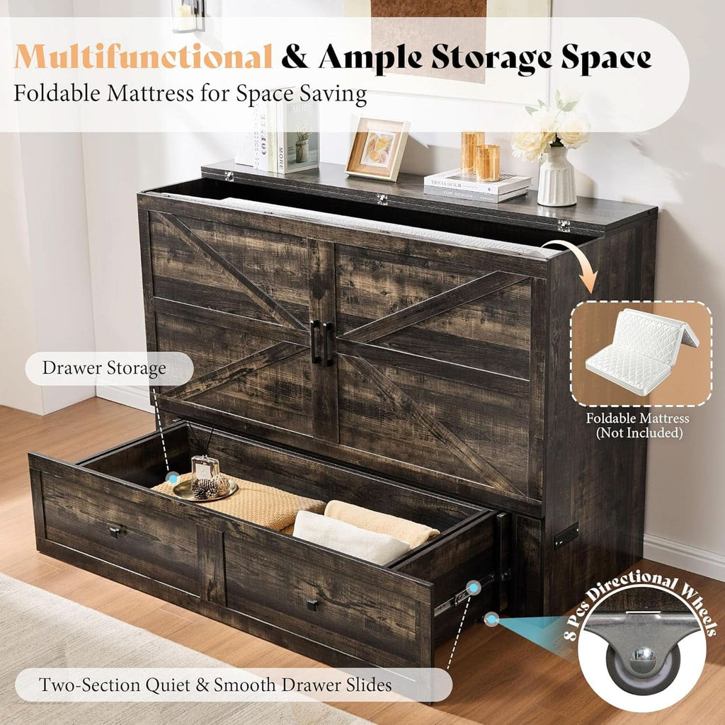 Black Oak Murphy Bed Cabinet With USB Charging Station Queen Size