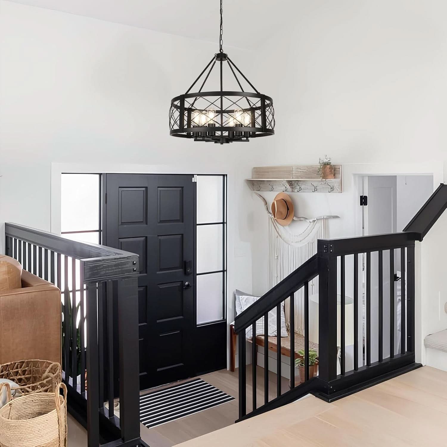6 Light Black Rustic Drum Chandelier For Dining Room