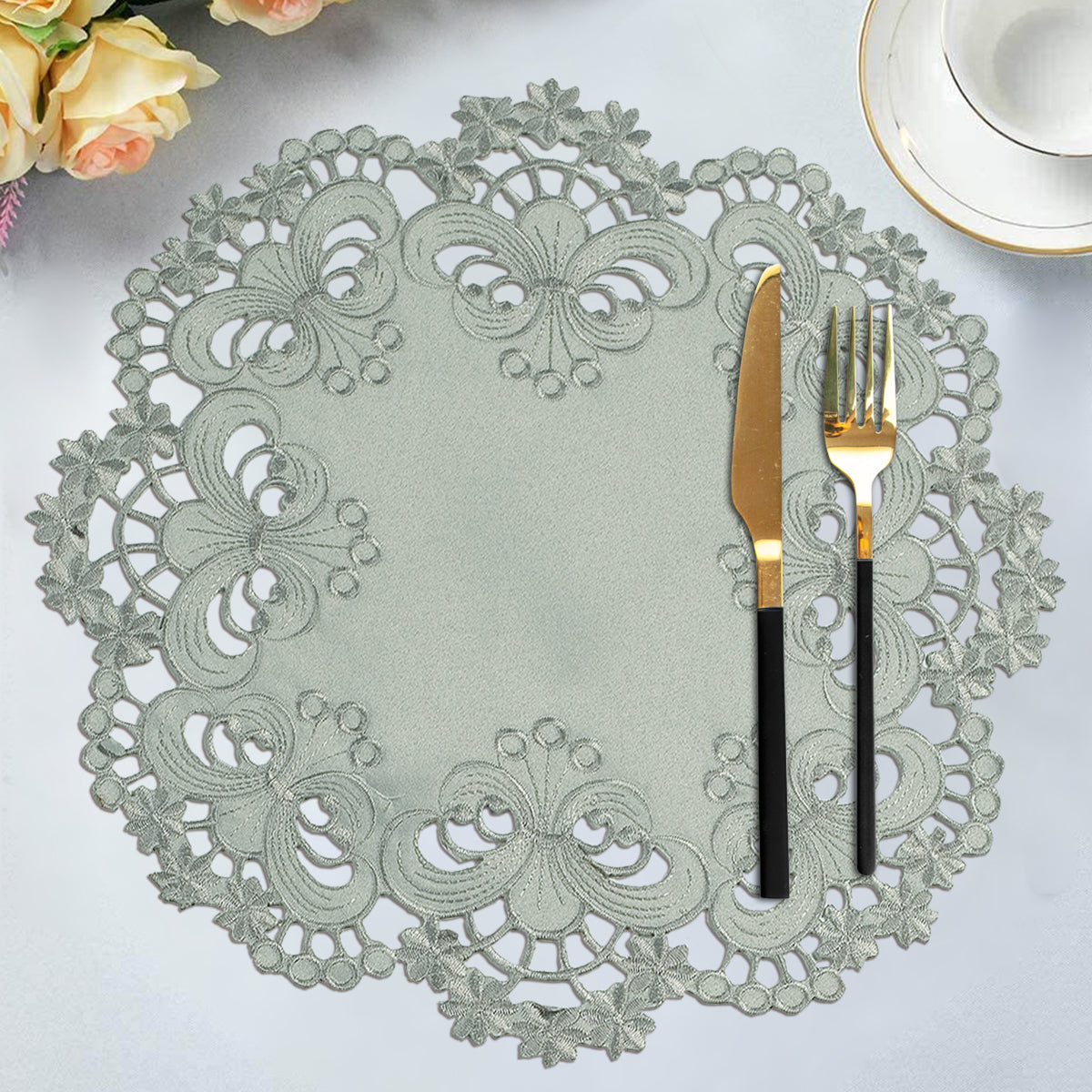 Gray Round Linen Placemat Doilies - The Creola Collection