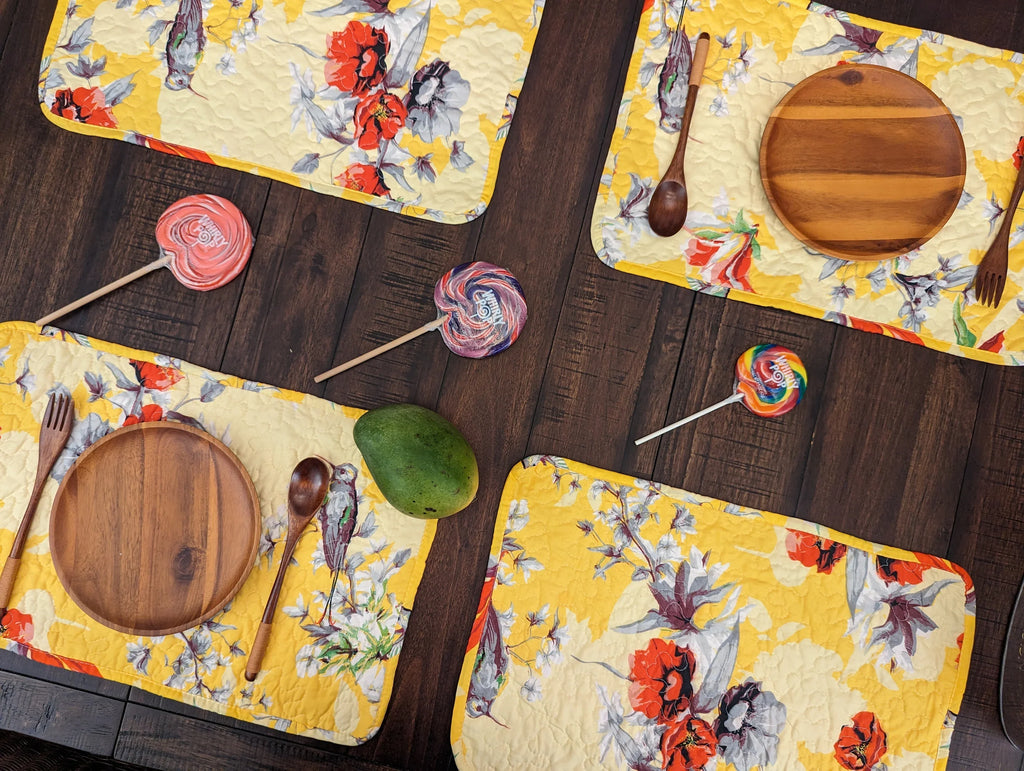 DaDa Bedding Radiant Sunshine Yellow Floral Dining Table Placemats - Set of 4-Pieces Quilted Hummingbirds Farmhouse Red Flowers - 13 x 19