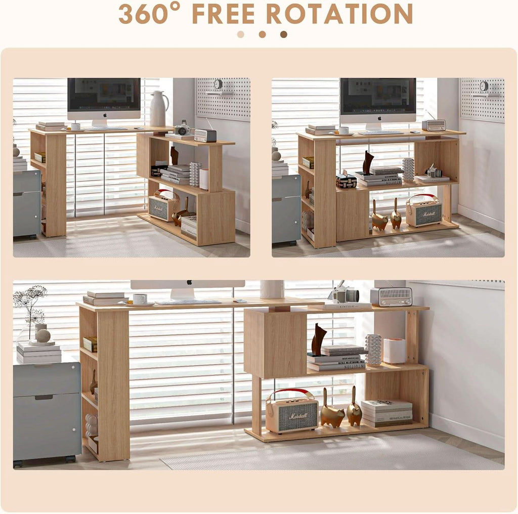 L Shaped Corner Desk With 360 Degree Rotation And Shelves