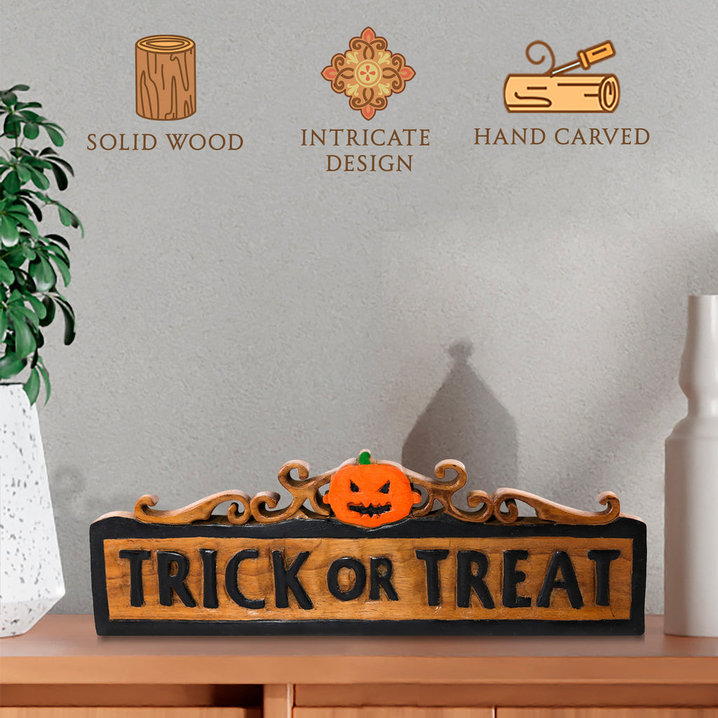 Trick or Treat Wooden Sculpture – Handmade Halloween Decor Decozen Luxe