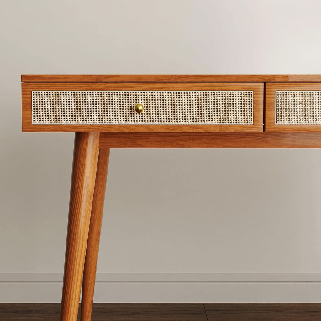 Mid Century Modern Solid Wood Desk With Drawers 45 Inch Rattan Writing Desk