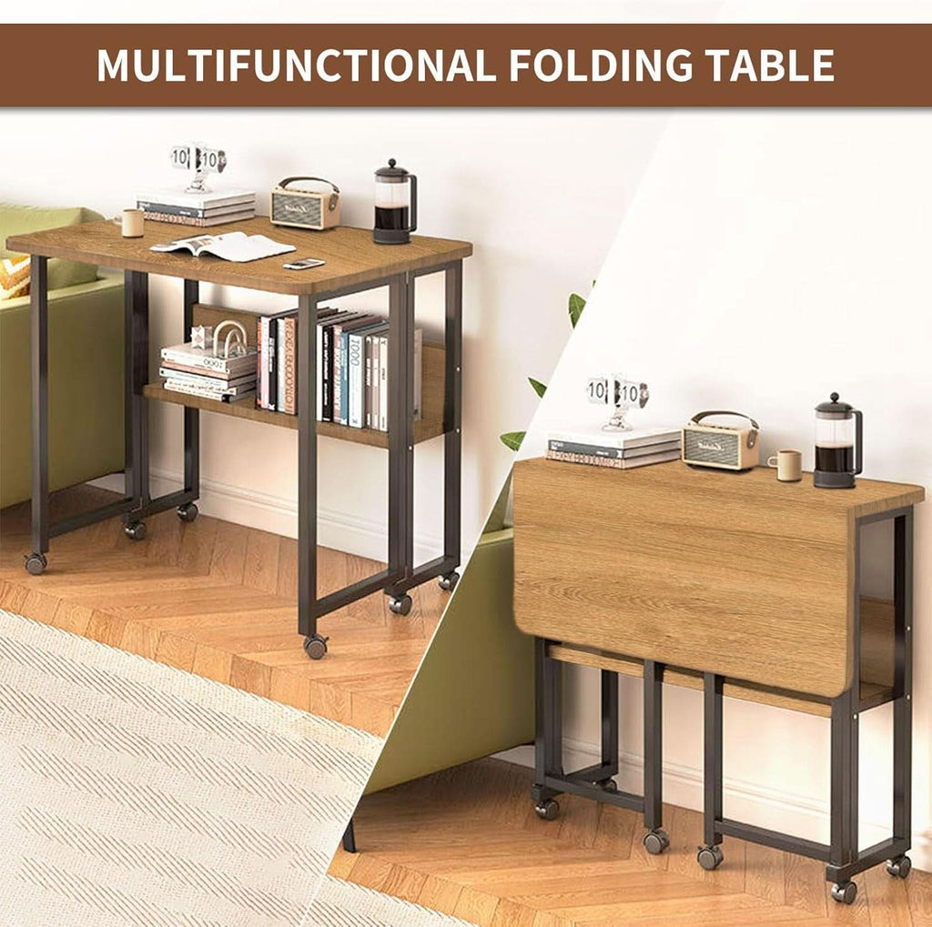 Brown Foldable Computer Desk With Wheels And Storage For Home Office