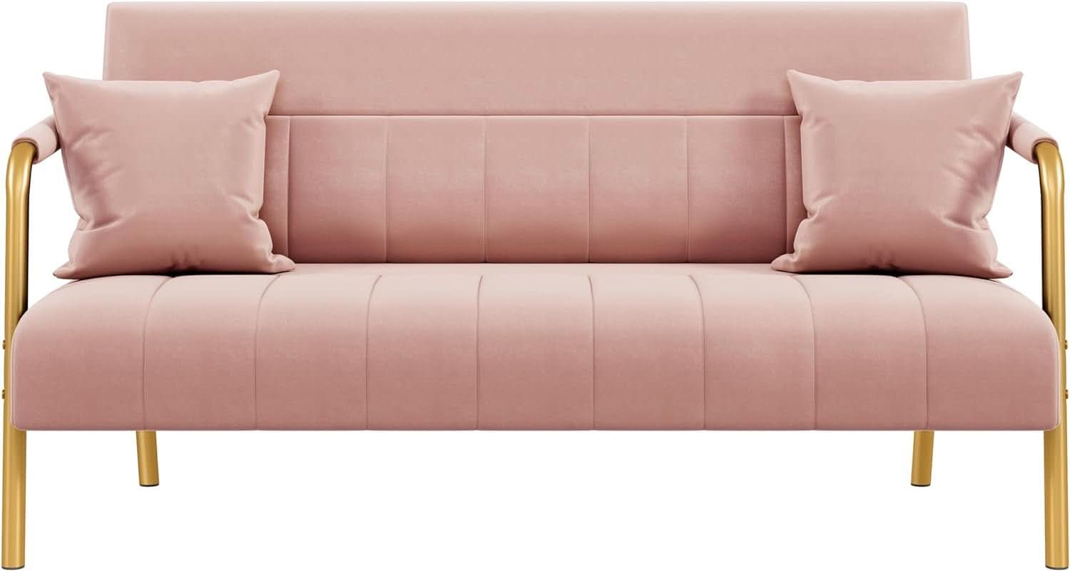 Modern Pink Velvet Sofa with Gold Arms for Living Room
