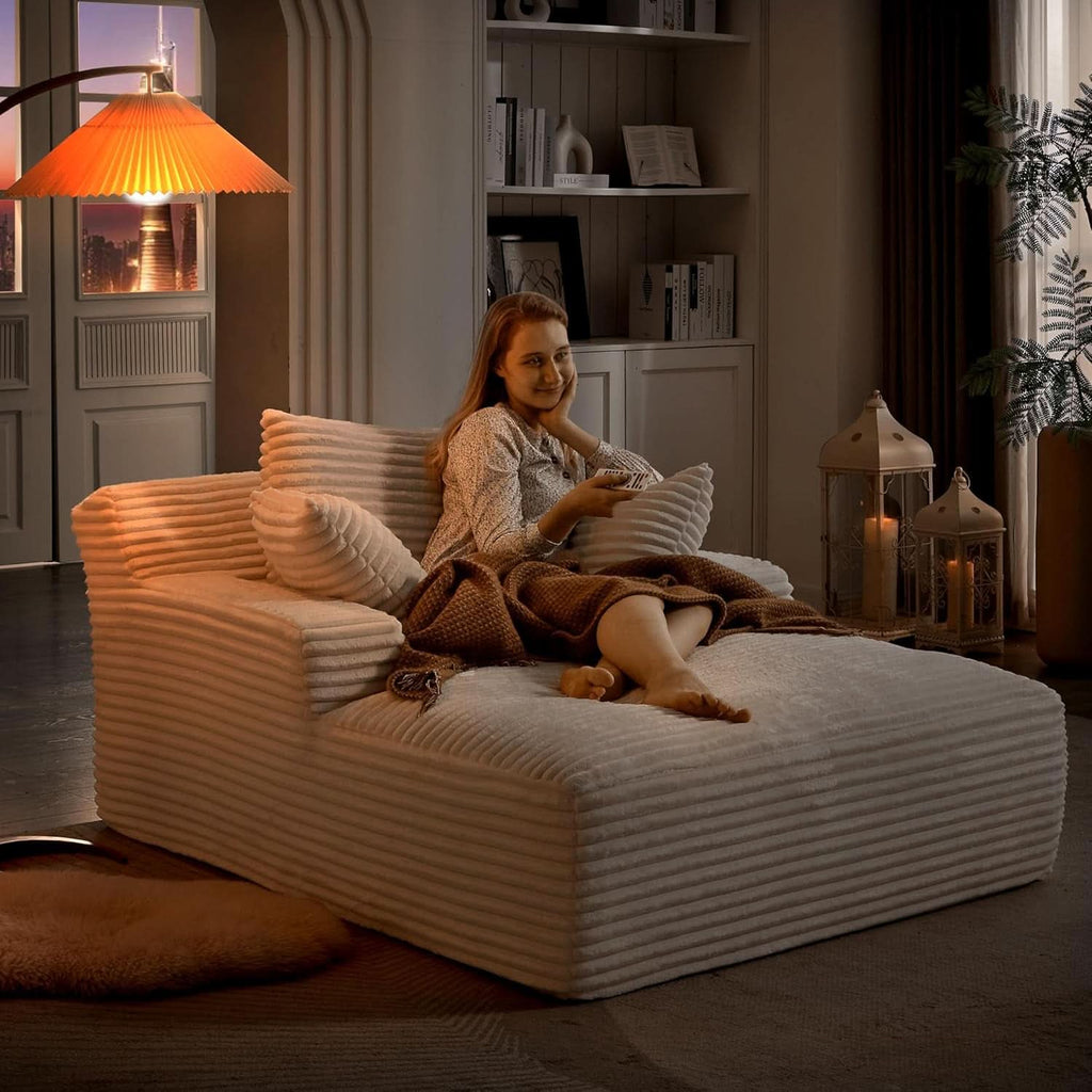 50-Inch Oversized Corduroy Chaise Lounge Chair in White with Pillows