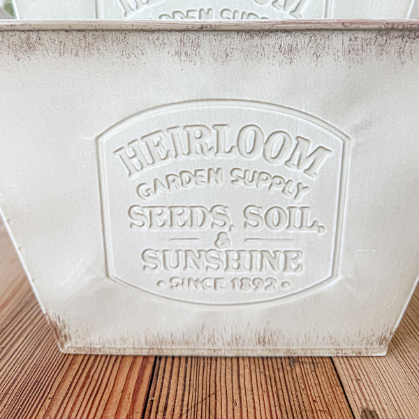 Vintage Inspired Heirloom Garden Supply Metal Planters, Set of Three