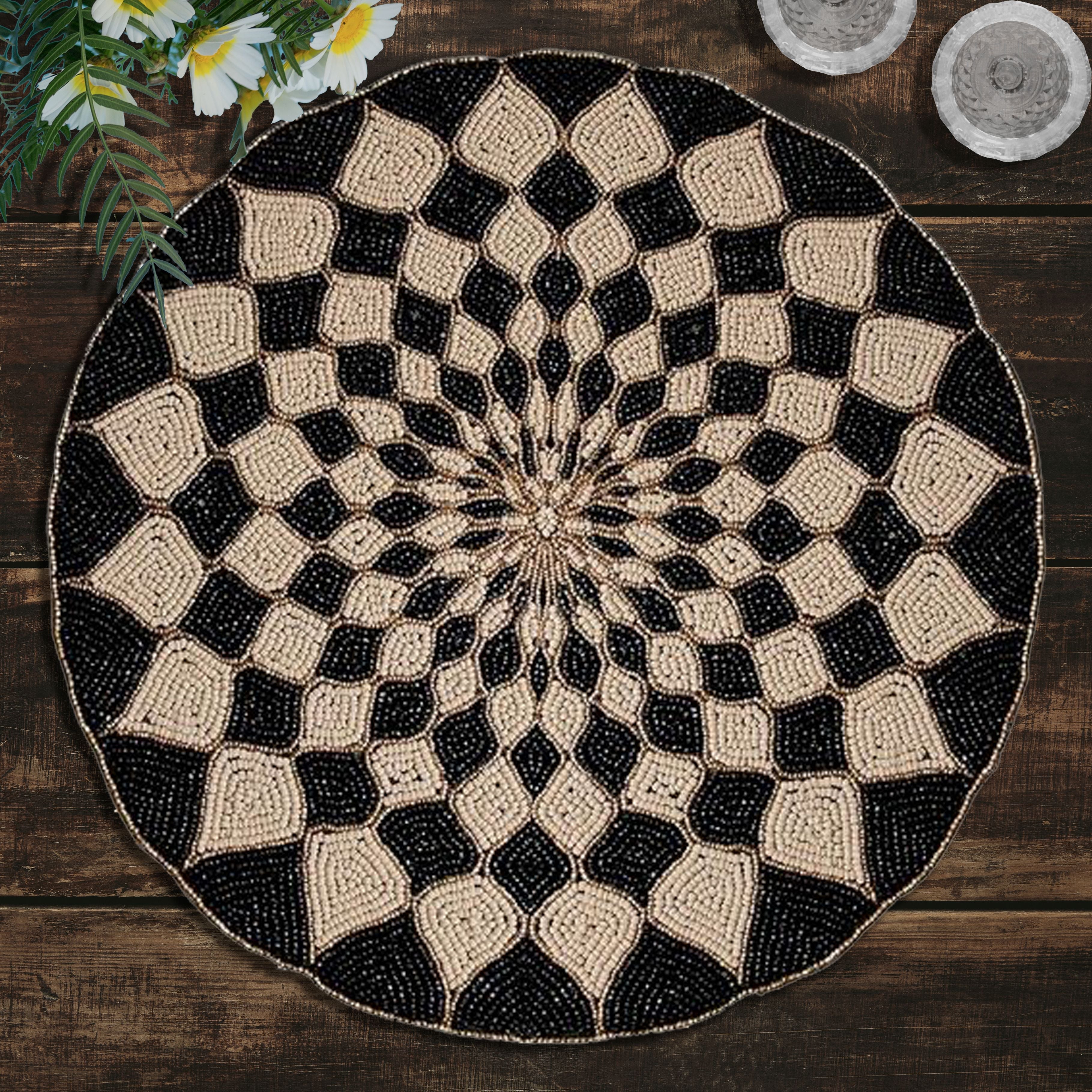 Ebony Drift – Round Beaded Placemats in Black Beige, Luxurious Decorative Dining Table Accent 14 inch