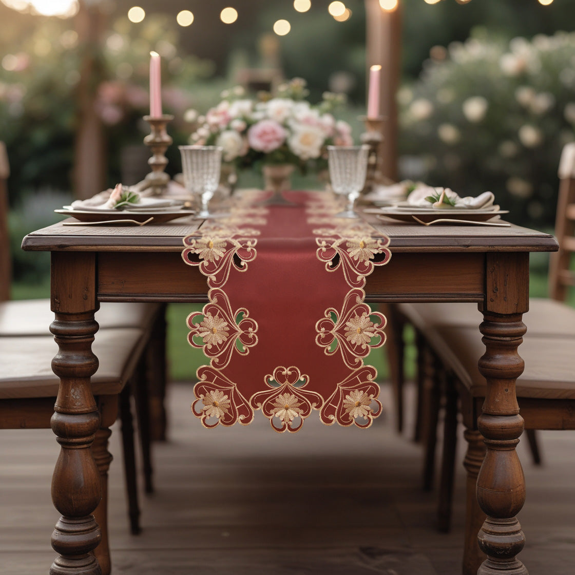 Imperial Red – Gold Lace Red Table Runner, European Embroidery Decorative Dresser Scarf 14*108 inch