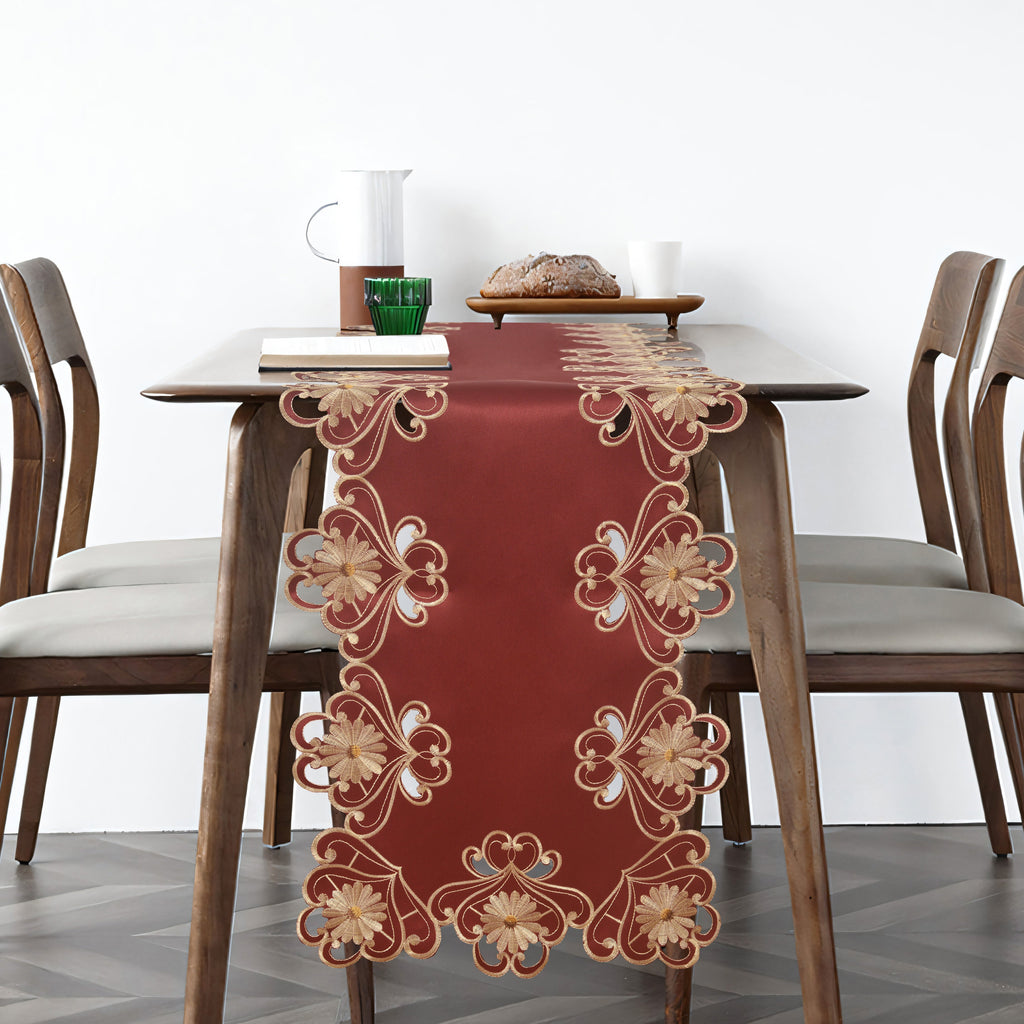 Imperial Red – Gold Lace Red Table Runner, European Embroidery Decorative Dresser Scarf 14*108 inch