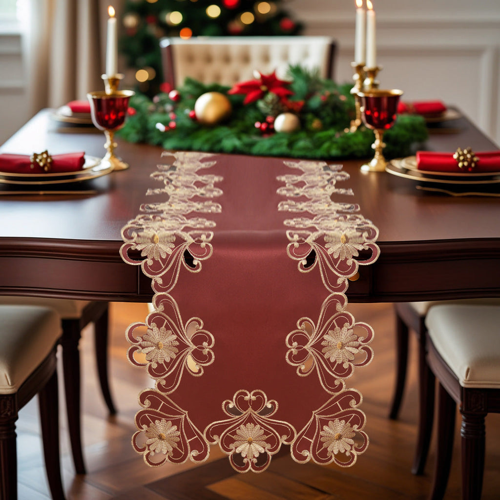 Imperial Red – Gold Lace Red Table Runner, European Embroidery Decorative Dresser Scarf 14*108 inch