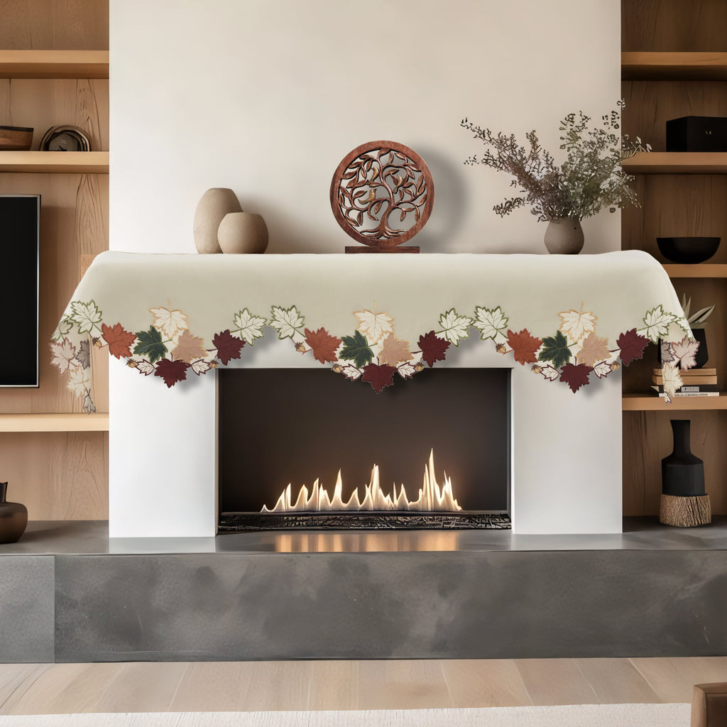 Falling Petals – Cream White Mantel Scarf Cover, The Falling Petals Collection Artistic Embroidered Home Décor 18x90 inch