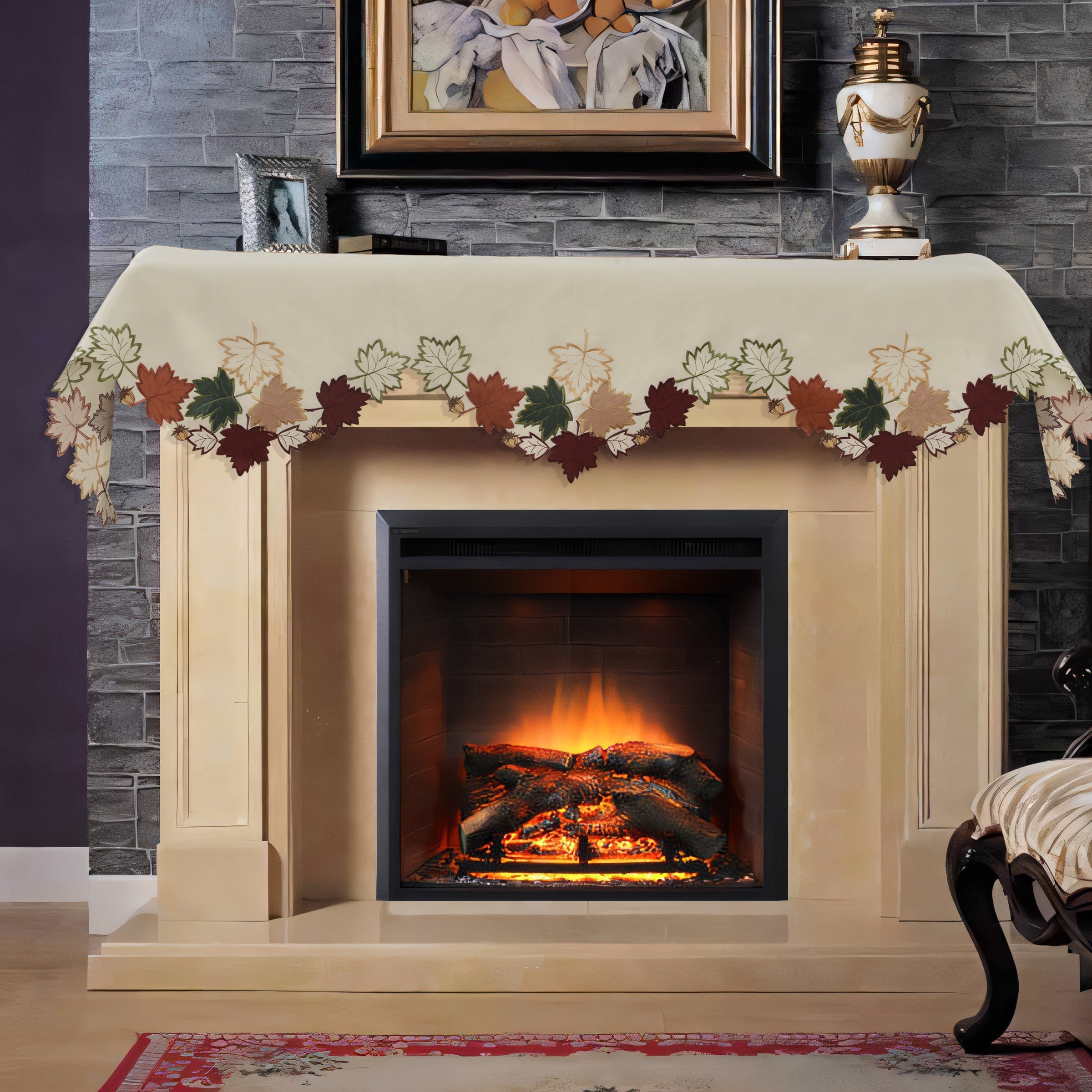 Falling Petals – Cream White Mantel Scarf Cover, The Falling Petals Collection Artistic Embroidered Home Décor 18x90 inch