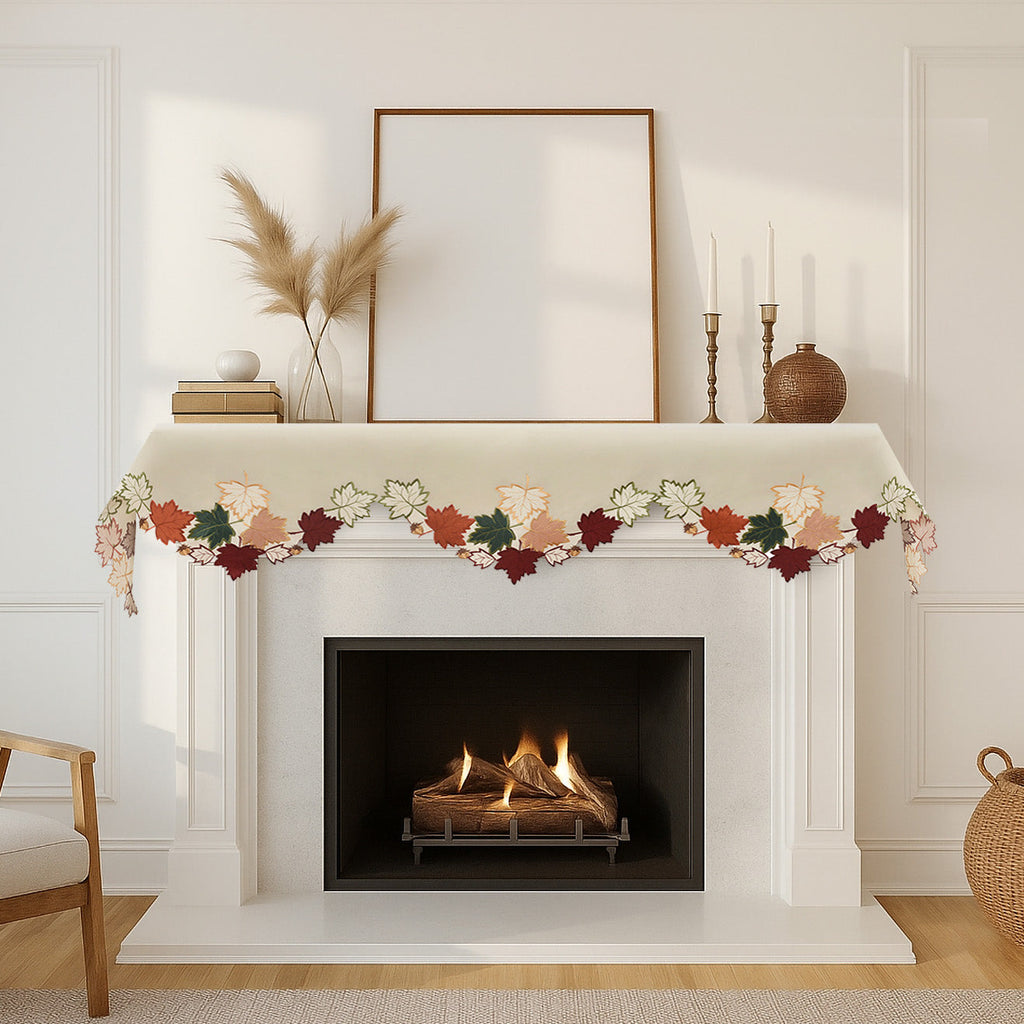 Falling Petals – Cream White Mantel Scarf Cover, The Falling Petals Collection Artistic Embroidered Home Décor 18x90 inch